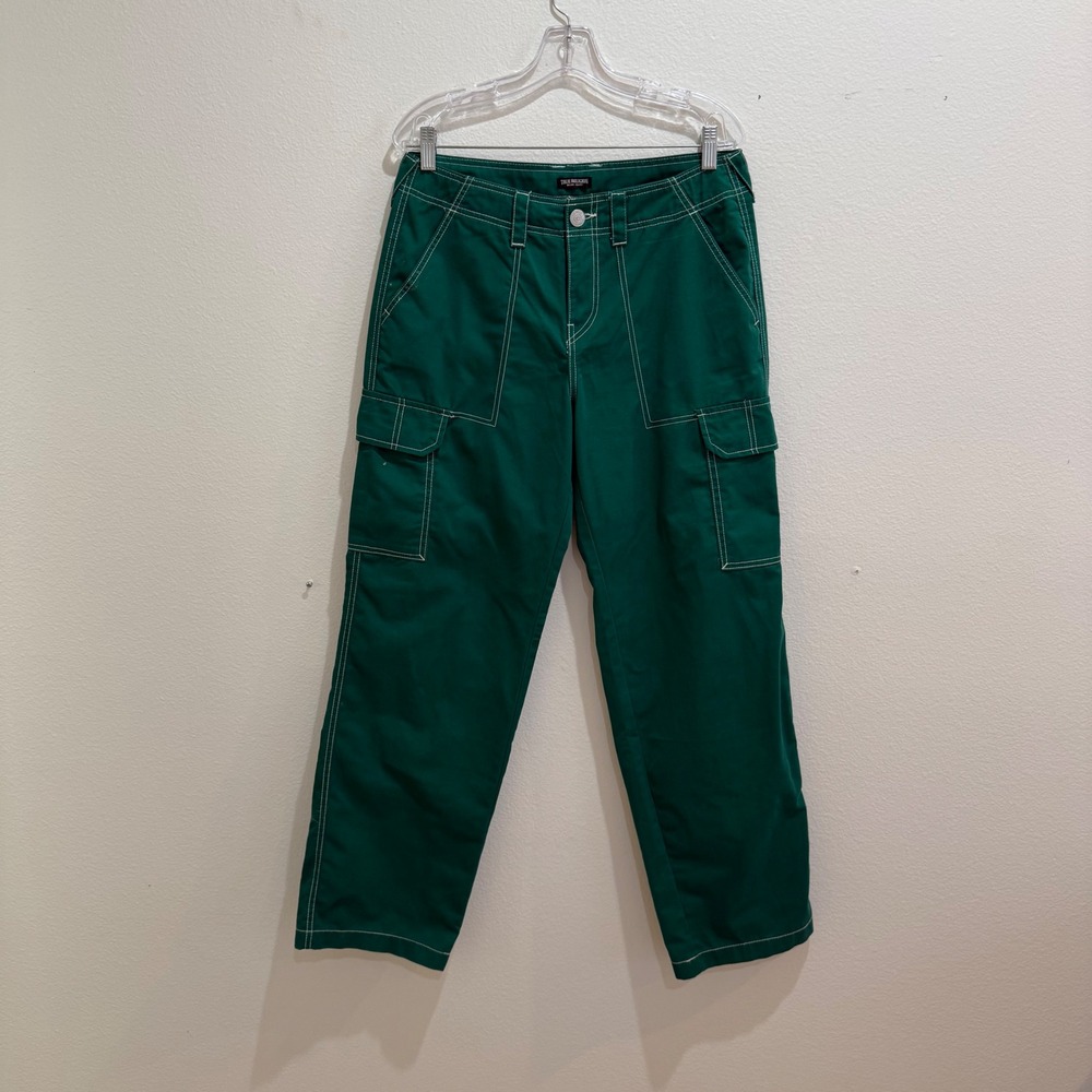 True Religion Green Contrast Stitch Cargo Pants Womens 29 Straight Leg Utility
